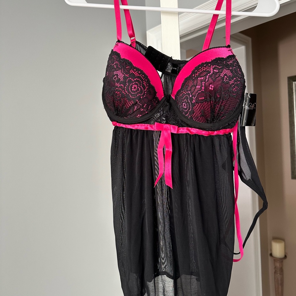 NWT Rene Rofe Black & Pink Lace Babydoll Lingerie
